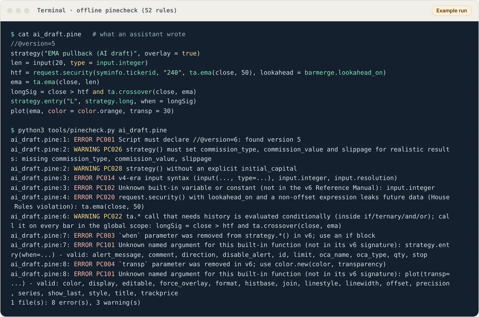 Terminal showing an AI-style version 5 draft and the pinecheck report: 8 errors and 3 warnings, including removed parameters and a request.security future leak.