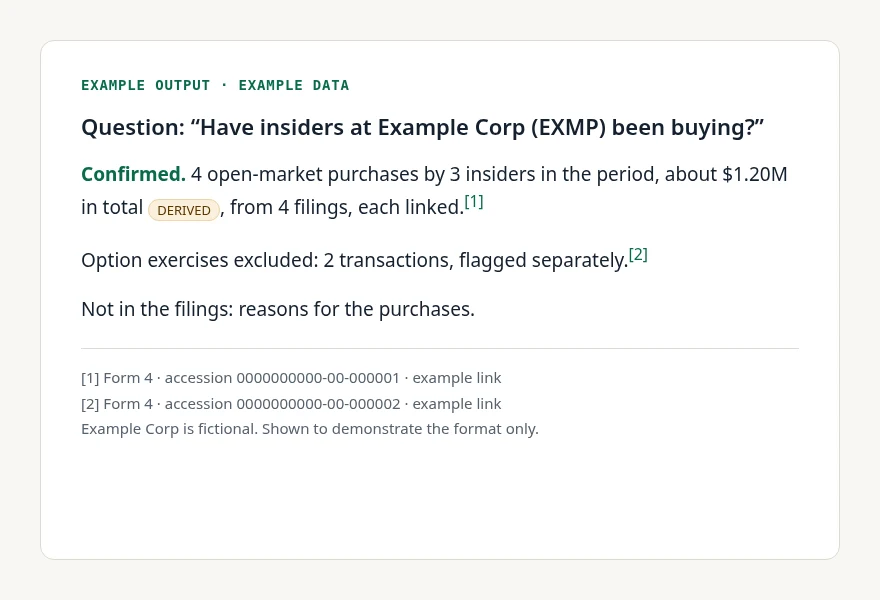 Research Pack answer format using example data, with numbered source citations
